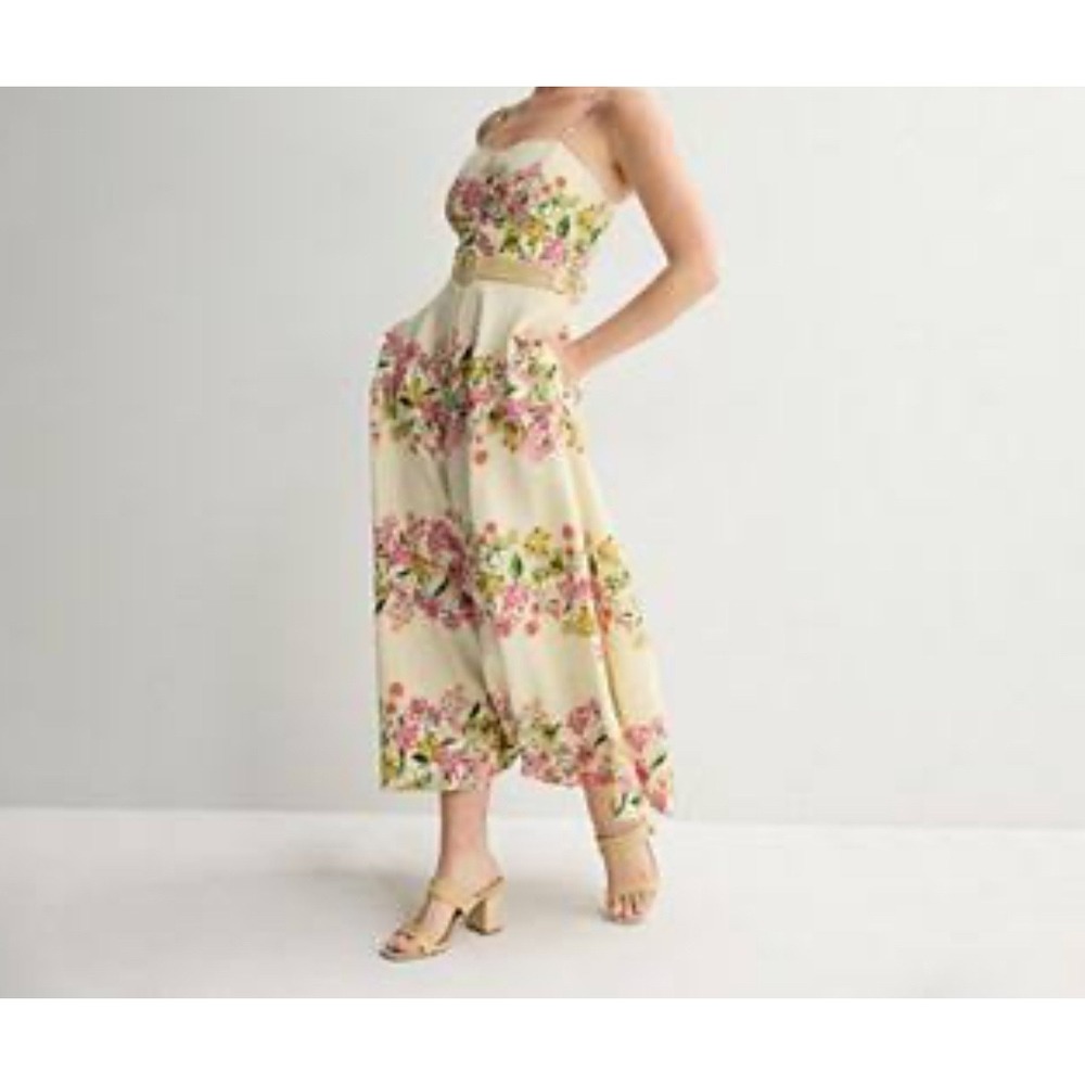 Taylor Floral Linen Blend Midi Dress Cream Pink Yellow Wildflower Pockets 2 EUC